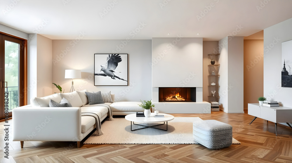 Fototapeta premium Minimalist Scandinavian interior with white corner sofa near a fireplace bringing warmth and style living space