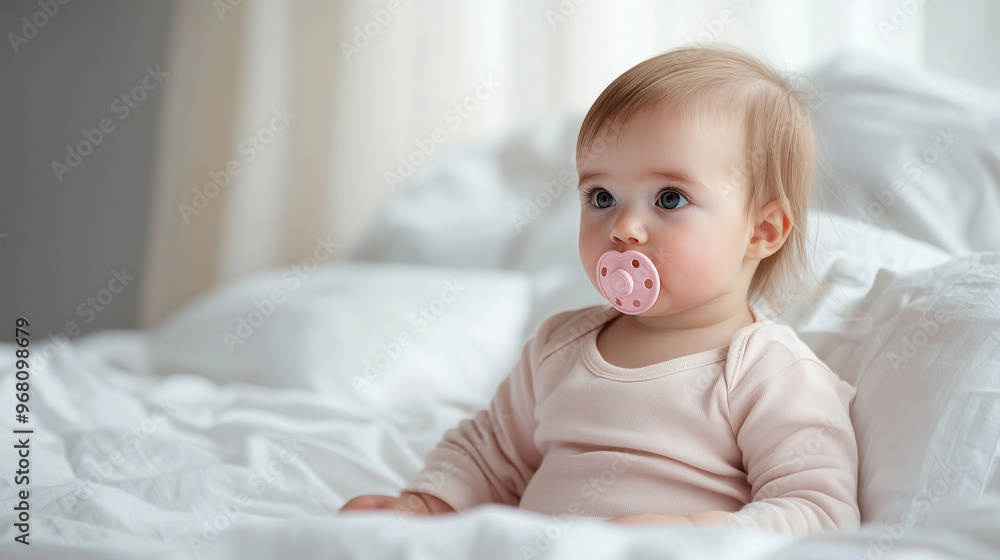 Portrait of Beautiful Little Girl: Female Newborn Infant with Pink Pacifier, Sitting in Bed, with Copy Space, Happy Smiling Daughter for Greeting Invitation Card. photo Portrait of Beautiful Little Girl: Female Newborn Infant with Pink Pacifier, Sitting in Bed, with Copy Space, Happy Smiling Daughter for Greeting Invitation Card. photo