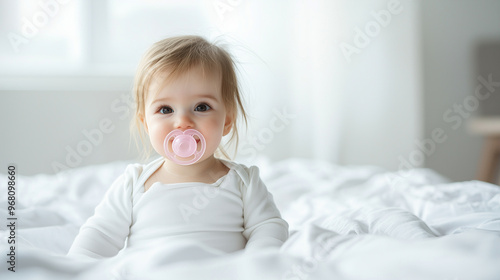 Portrait of Beautiful Little Girl: Female Newborn Infant with Pink Pacifier, Sitting in Bed, with Copy Space, Happy Smiling Daughter for Greeting Invitation Card. photo