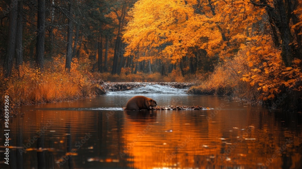Fototapeta premium A Beaver in an Autumnal Forest Stream