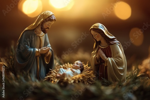 Holy Family Nativity Scene with Golden Lights