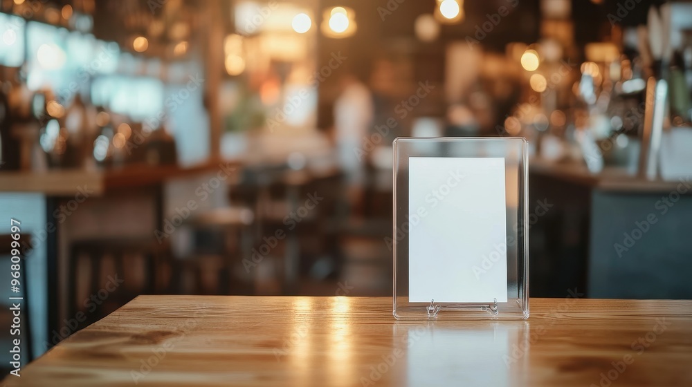 Blank Menu Frame on Wooden Table in a Cafe Blank Menu Frame on Wooden Table in a Cafe