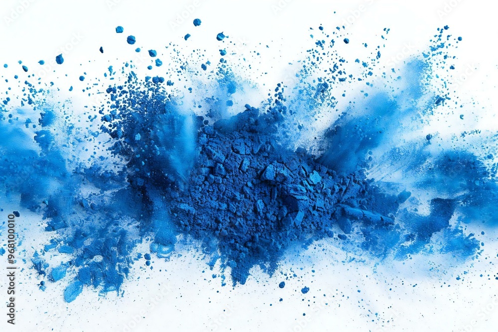 Obraz premium vibrant cyan blue holy paint powder explosion captured on a white background, showcasing a range of colours and textures in a stunning and dynamic composition.