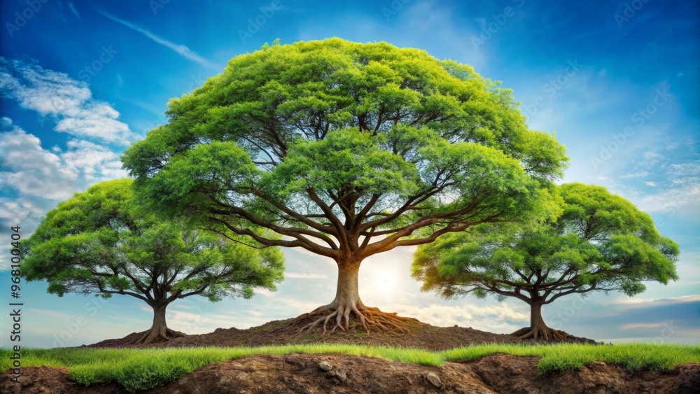 A beautiful landscape featuring three lush trees under a bright blue sky, symbolizing nature and tranquility. A beautiful landscape featuring three lush trees under a bright blue sky, symbolizing nature and tranquility.