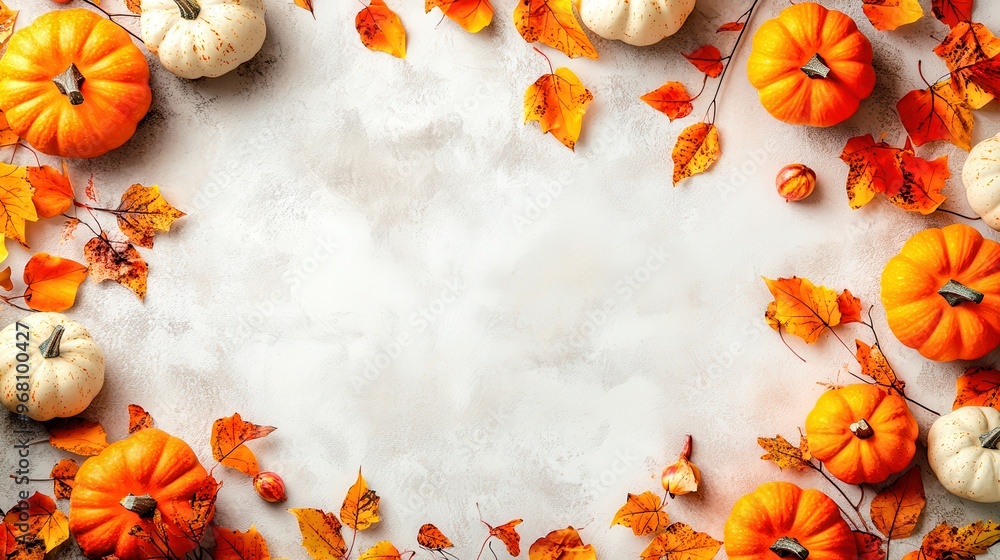 Obraz premium Autumn background with pumpkins and colorful leaves on grey concrete