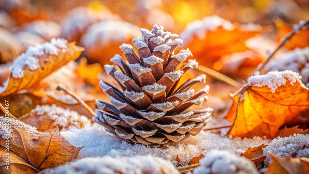 A beautifully detailed pine cone resting on frosty ground among colorful autumn leaves, capturing the essence of fall and winter. A beautifully detailed pine cone resting on frosty ground among colorful autumn leaves, capturing the essence of fall and winter.