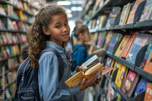 group of curious kids exploring the shelves of a bookstore during back-to-school season. photo