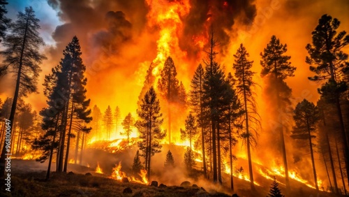 A dramatic scene of a forest fire engulfing tall trees, with flames and smoke illuminating the night sky.