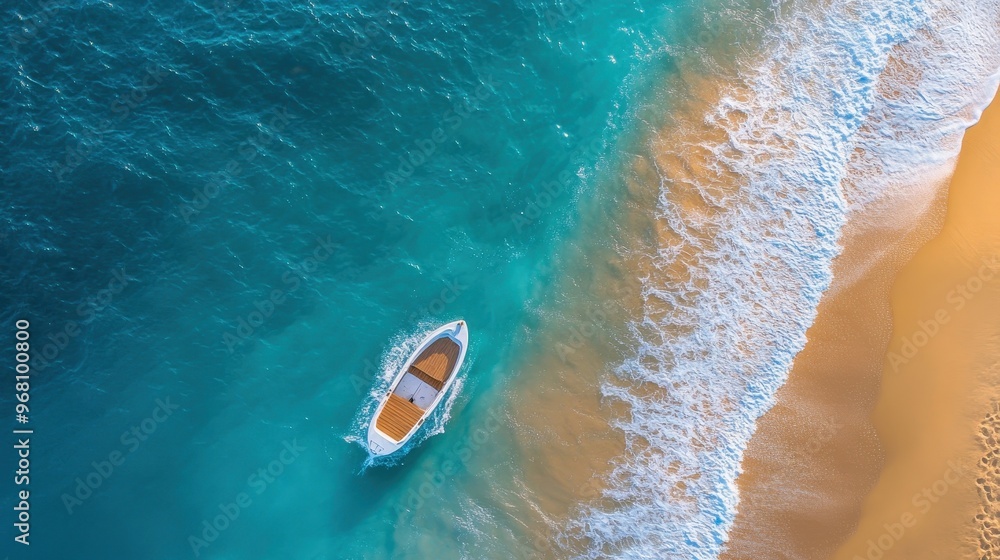 Fototapeta premium Boat on Turquoise Waters with Foamy Shore