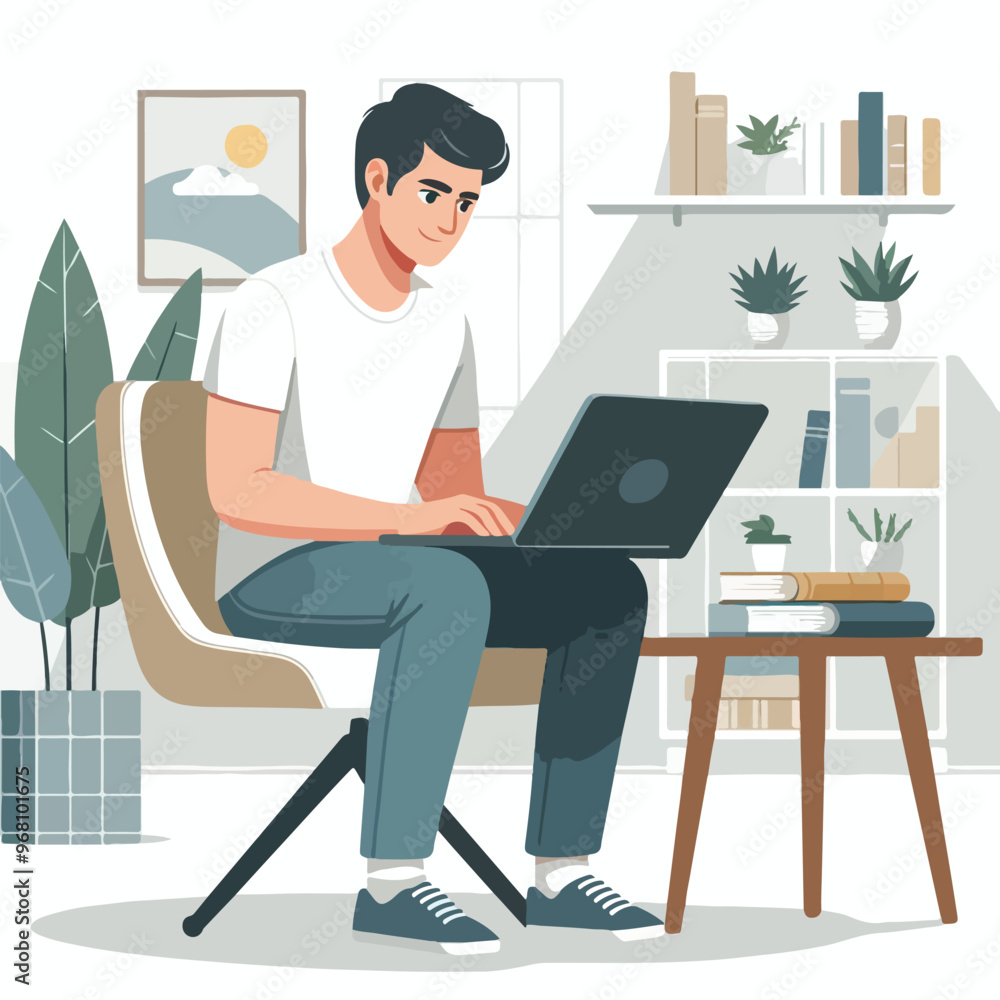 man working on his laptop, vector illustration man working on his laptop, vector illustration