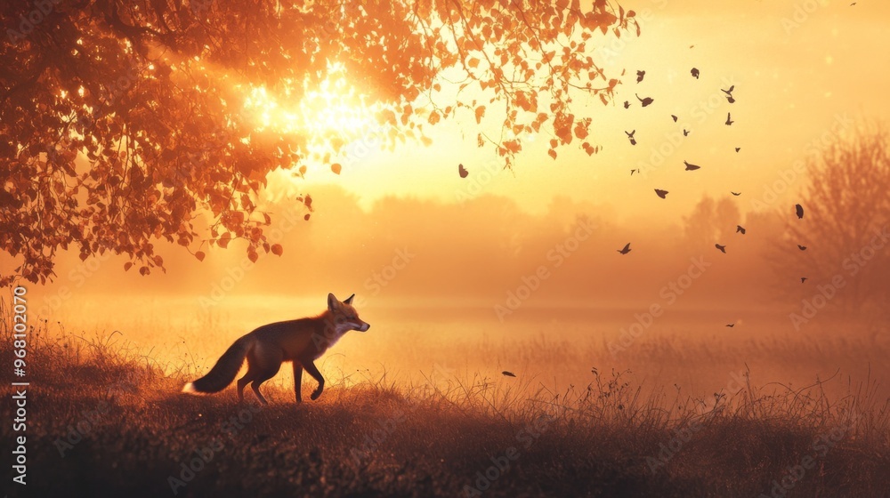 A Fox Walking Through a Hazy Forest at Sunrise A Fox Walking Through a Hazy Forest at Sunrise