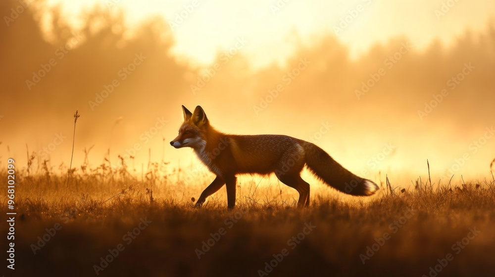 A Red Fox Walking Through Golden Grass at Sunrise A Red Fox Walking Through Golden Grass at Sunrise