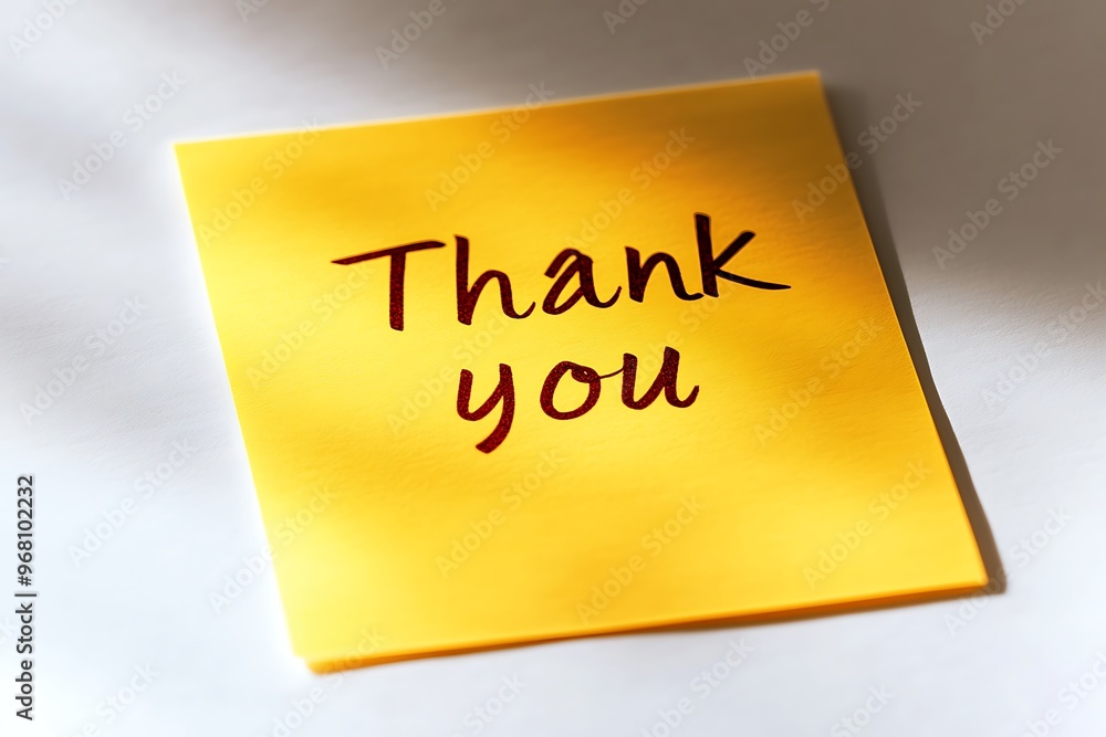 Handwritten thank you note on a yellow sticky note Handwritten thank you note on a yellow sticky note