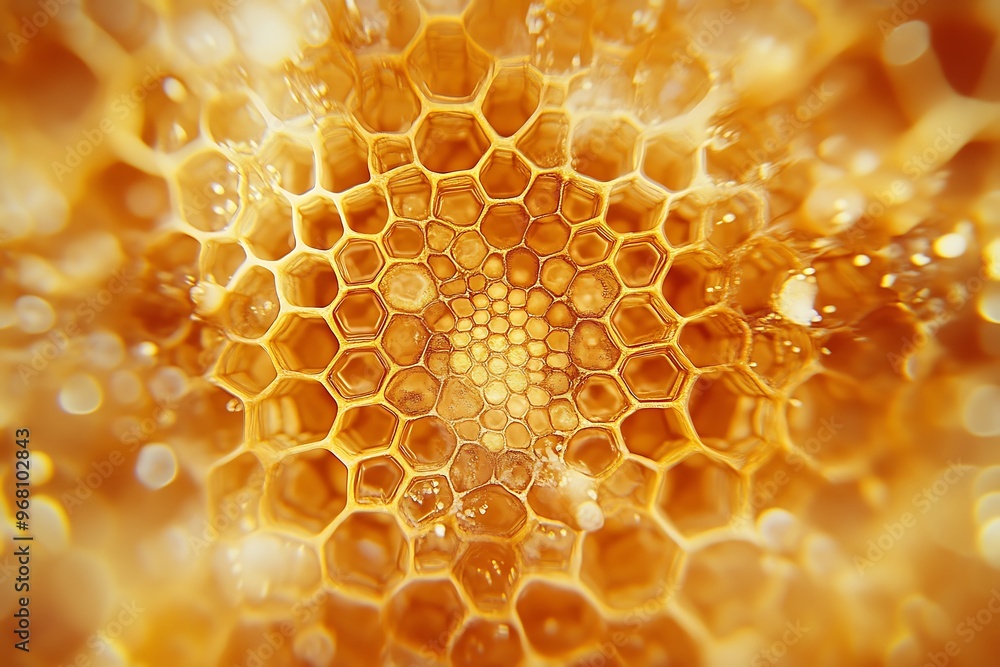 Honeycomb filled with honey creating sweet golden background Honeycomb filled with honey creating sweet golden background