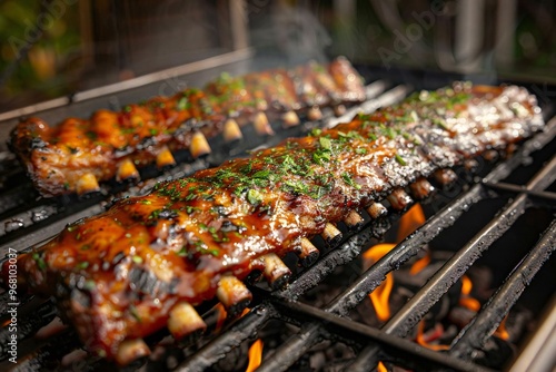 close-up shot of smoky BBQ ribs cooking on a charcoal grill, showcasing the juicy and succulent meat with delicious seasoning. photo