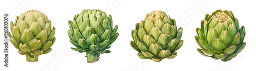 Fresh artichokes isolated on transparent background.  Realistic illustration. Healthy eating and organic produce concept. Clipart for cookbook, menu, and grocery store advertising.