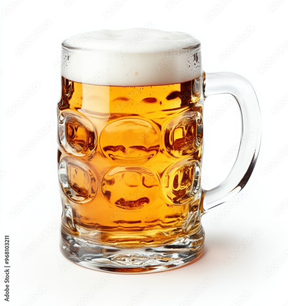 A mug of beer with a white background. A large glass of beer with foam on top A mug of beer with a white background. A large glass of beer with foam on top