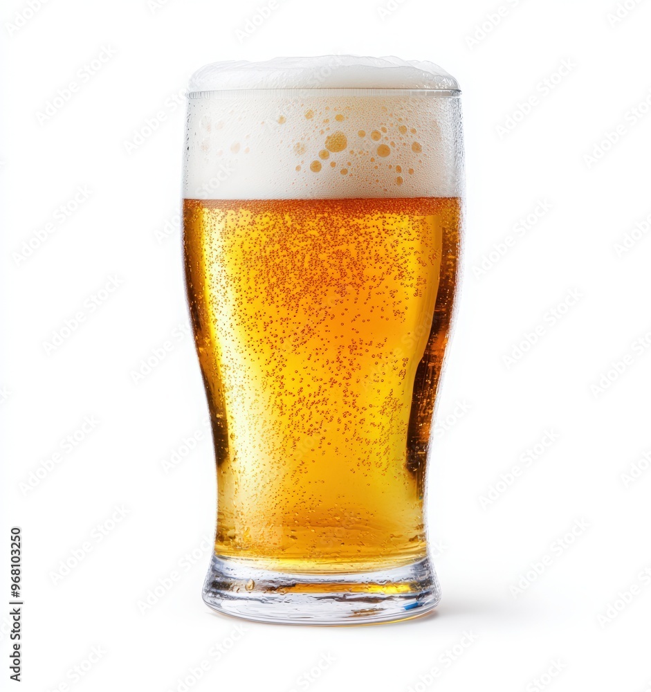 A mug of beer with a white background. A large glass of beer with foam on top A mug of beer with a white background. A large glass of beer with foam on top