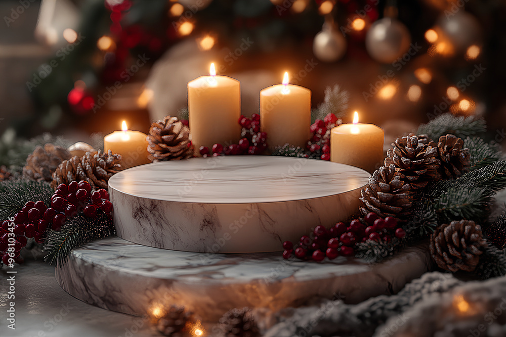 Elegant Marble Pedestal Display with Candles and Holiday Decor, Pinecones, Red Berries, Christmas Lights, and Natural Greenery Elegant Marble Pedestal Display with Candles and Holiday Decor, Pinecones, Red Berries, Christmas Lights, and Natural Greenery