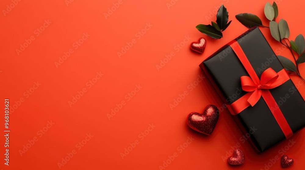 Black Gift Box with Red Ribbon and Hearts on Red Background Black Gift Box with Red Ribbon and Hearts on Red Background
