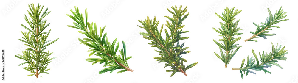 Fototapeta premium Fresh rosemary sprigs isolated on transparent background. Realistic illustration. Healthy eating and organic produce concept. Clipart for cookbook, menu, and grocery store advertising. 