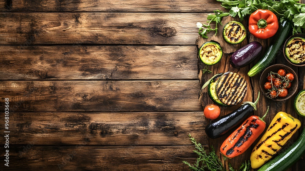 Grilled Vegetables on Wooden Table
Grilled vegetables like zucchini, eggplant, and bell peppers on a rustic wooden background Grilled Vegetables on Wooden Table
Grilled vegetables like zucchini, eggplant, and bell peppers on a rustic wooden background