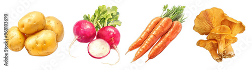 Fresh vegetables and mushrooms isolated on transparent background. Realistic illustration. Healthy eating and organic produce concept. Clipart for cookbook, menu, and grocery store advertising. 