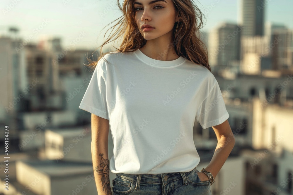 T-shirt worn by a model in an urban street wear style created with Generative AI T-shirt worn by a model in an urban street wear style created with Generative AI