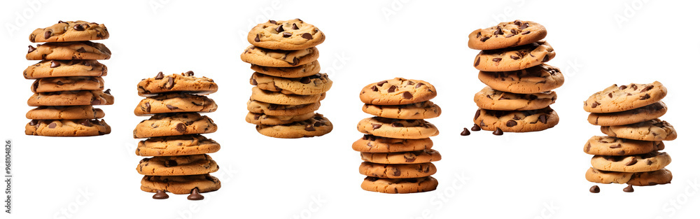 Chocolate chips cookies stack and pile set isolated on white background clipping path, Png file for graphics resources Chocolate chips cookies stack and pile set isolated on white background clipping path, Png file for graphics resources