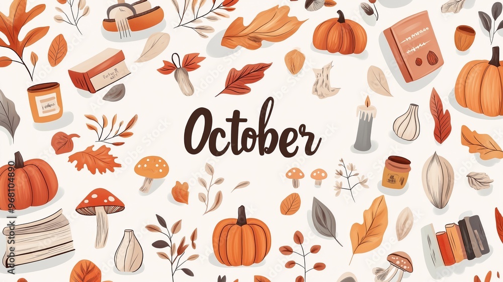 October text surrounded by autumn icons and elements. Seasonal illustration with fall colors. October text surrounded by autumn icons and elements. Seasonal illustration with fall colors.