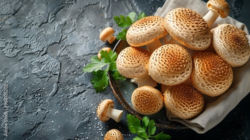 An overhead view of fresh mushrooms arranged on a white napkin, isolated on a textured slate background.