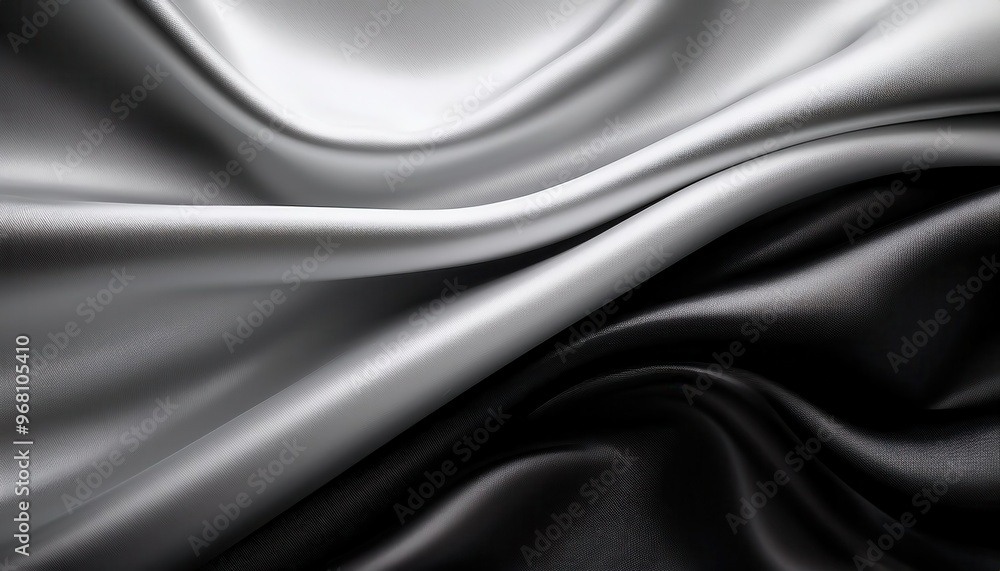 Elegant Contrast: Smooth Flowing Black and White Silk Fabric Drapes, Emphasizing the Luxurious Texture and Soft Shadows of Intertwining Light and Dark Waves in a Minimalist Composition Elegant Contrast: Smooth Flowing Black and White Silk Fabric Drapes, Emphasizing the Luxurious Texture and Soft Shadows of Intertwining Light and Dark Waves in a Minimalist Composition