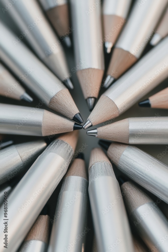 Symmetrical Aerial View of Silver Pens in Geometric Pattern on Textured Background Symmetrical Aerial View of Silver Pens in Geometric Pattern on Textured Background