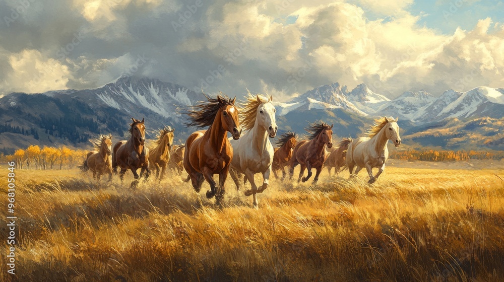 Obraz premium A Herd of Horses Galloping Through a Golden Field