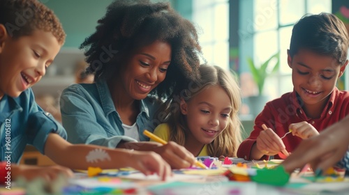 Diverse Group Enjoying Artistic Time with Stickers and Scissors