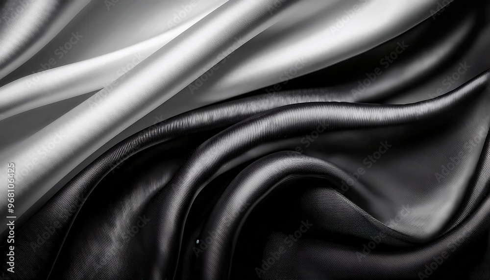 Elegant Contrast: Smooth Flowing Black and White Silk Fabric Drapes, Emphasizing the Luxurious Texture and Soft Shadows of Intertwining Light and Dark Waves in a Minimalist Composition Elegant Contrast: Smooth Flowing Black and White Silk Fabric Drapes, Emphasizing the Luxurious Texture and Soft Shadows of Intertwining Light and Dark Waves in a Minimalist Composition