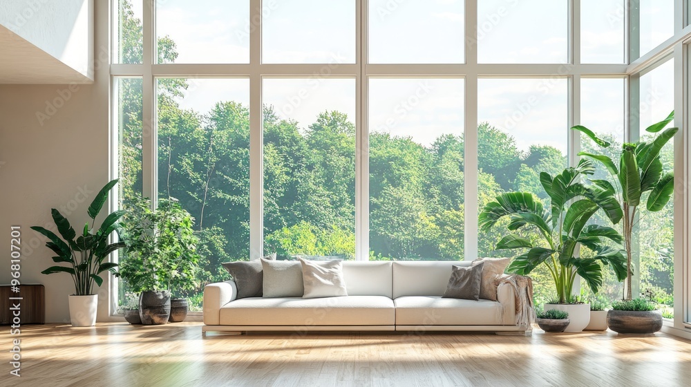 Concept of a bright Scandinavian living room featuring a sofa potted plants on wooden flooring wall frames and a scenic view through large windows Nordic interior design 3D rendering Concept of a bright Scandinavian living room featuring a sofa potted plants on wooden flooring wall frames and a scenic view through large windows Nordic interior design 3D rendering