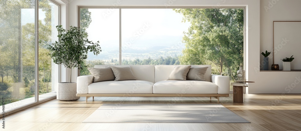 Minimalist white living room featuring a sofa on wooden flooring decor adorning a spacious wall and a bright landscape visible through the window Nordic home interior design 3D rendering Minimalist white living room featuring a sofa on wooden flooring decor adorning a spacious wall and a bright landscape visible through the window Nordic home interior design 3D rendering