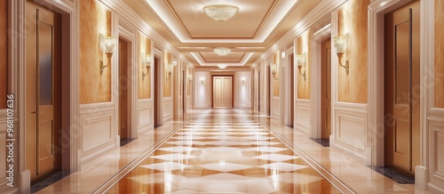 Long corridor featuring doors interior design visualization 3D rendering