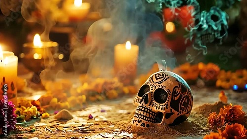 Decorated skull with candles and marigold flowers during a cultural celebration at night dark ritual photo