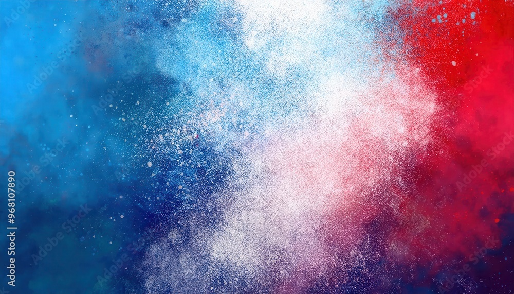 Fototapeta premium Vibrant Explosion of Abstract Colors. Dynamic Blend of Blue, Red, and Orange Paint Splatters in Motion Against a Textured White Background, Petriotic Energy, Creativity, and Bold Artistic Expression