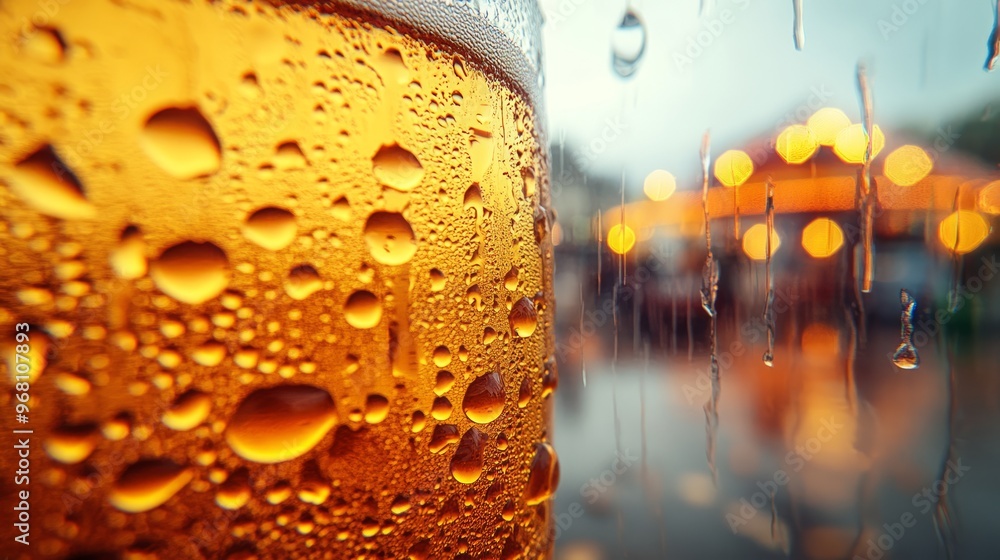 Captivating city lights backdrop as water droplets condense on a frosty beer glass, creating an ideal evening atmosphere for relaxation and enjoyment