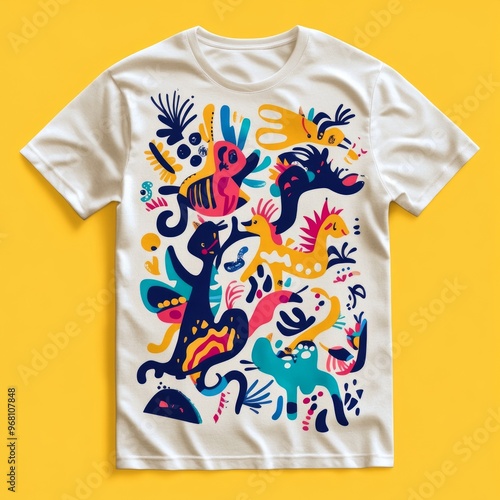 A colorful graphic t-shirt featuring playful animal illustrations in vibrant patterns. photo