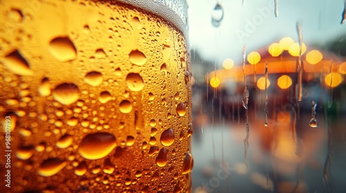 Obraz na płótnie Captivating city lights backdrop as water droplets condense on a frosty beer glass, creating an ideal evening atmosphere for relaxation and enjoyment w salonie