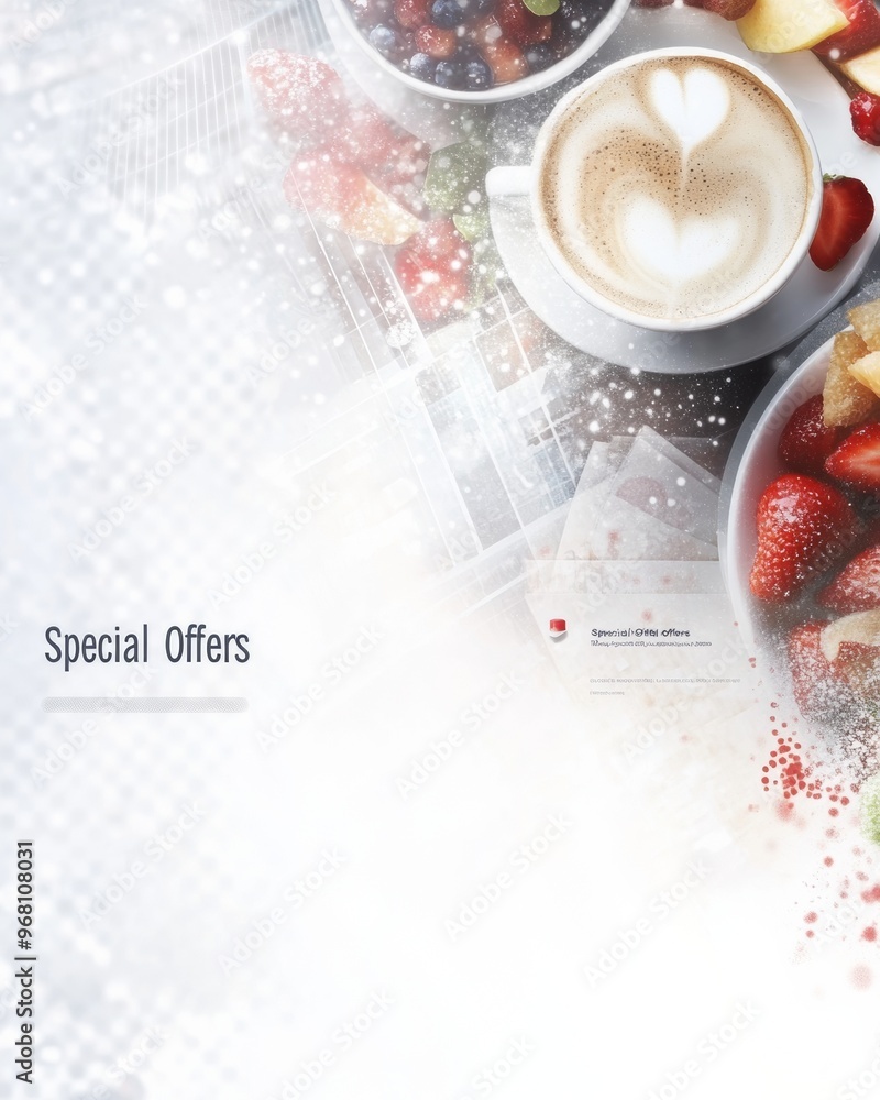 Aerial View of Colorful Breakfast Spread with Coffee, Fresh Fruits, Flowers, and Business Card on a White Table Aerial View of Colorful Breakfast Spread with Coffee, Fresh Fruits, Flowers, and Business Card on a White Table