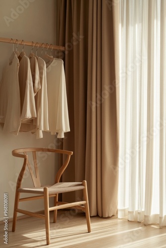 Morning Light in Minimalist Dressing Room with Neutral Tones and Hanging Modest Clothing