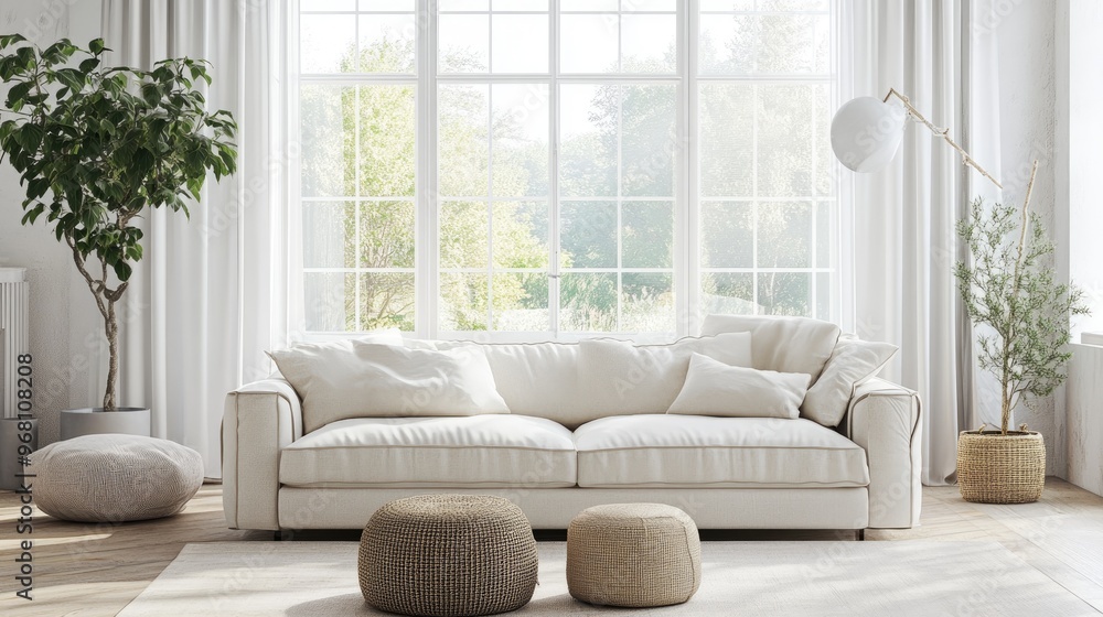 Bright living room interior featuring a sofa on wooden flooring decorative elements on a large wall and white scenery visible through the windows Nordic style 3D illustration Bright living room interior featuring a sofa on wooden flooring decorative elements on a large wall and white scenery visible through the windows Nordic style 3D illustration