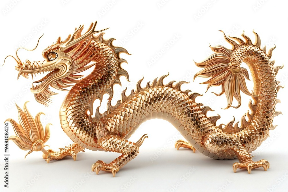 Obraz premium majestic Chinese golden dragon with intricate details, isolated on a white background. Brimming with symbolism of power, wealth, and tradition. Perfect for a fantasy