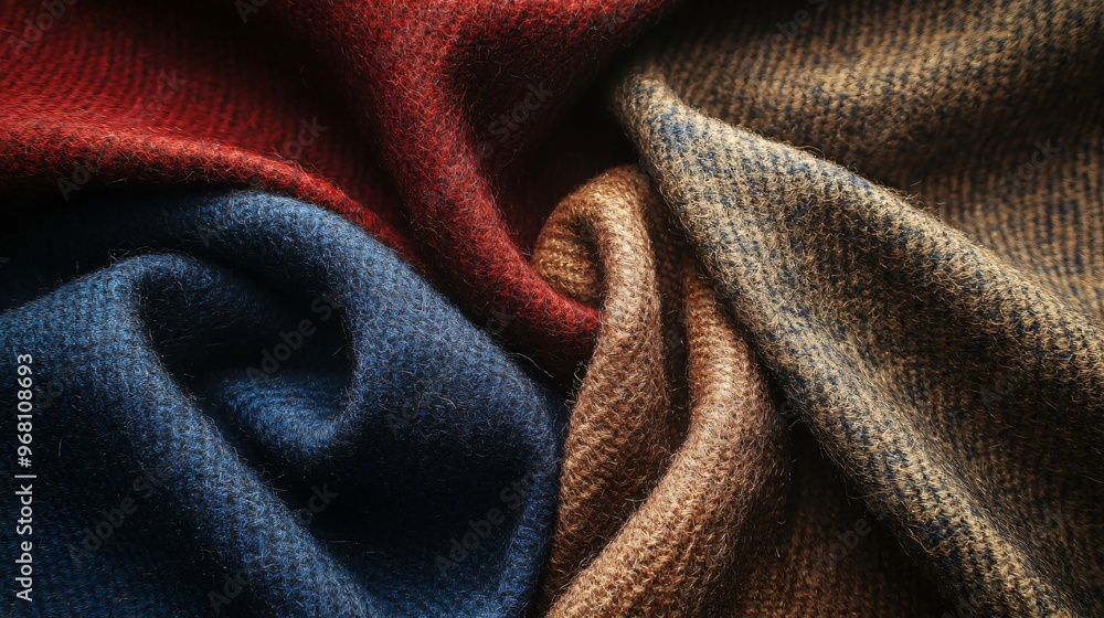 A close up of textured wool fabric in deep, rich hues, arranged in folds with soft lighting highlighting the fibers A close up of textured wool fabric in deep, rich hues, arranged in folds with soft lighting highlighting the fibers