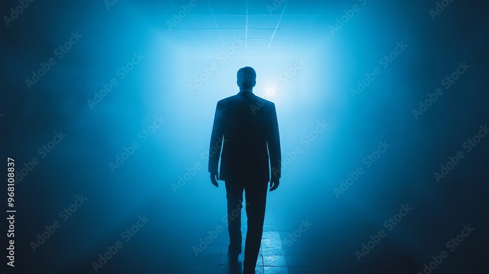 A man is walking through a dark tunnel with a blue light in the background A man is walking through a dark tunnel with a blue light in the background